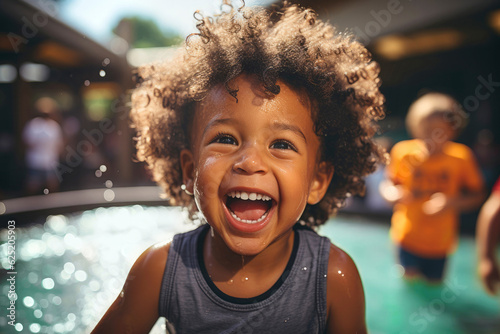 Generative AI image of portrait of smiling African American kid looking at camera while standing in pool water with blurred children in sunny daytime photo