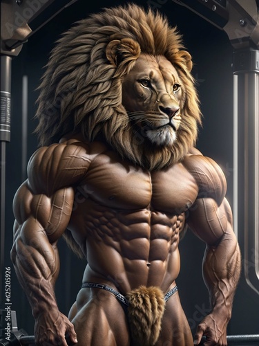 Realistic gym environment, a humanoid lion, a bodybuilder of unparalleled strength and physique, strides dramatically, exuding inspiring presence that captivates all who witness this insanely detailed