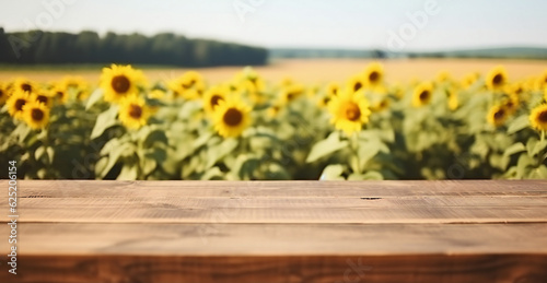 Empty wooden table in the sunflower field, summertime