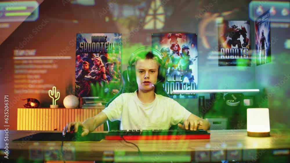 Foreground of teenage gamer in headphones playing shooter on computer in neon room. View from PC screen perspective with animated online video game. Gaming at home. Futuristic VFX animation.
