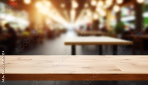 Empty wooden table  space platform  and blurry defocused background