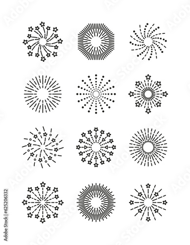 Outline birthday party elements. Line sparkle explosion set. Burst stars and sparks. Firework icon. Happy new year shiny symbols isolated on white background. Vector illustration.