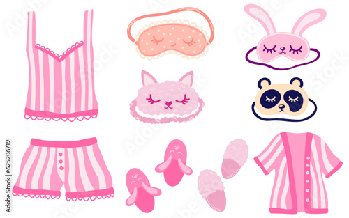 Sleepwear, sleep masks, slippers. Bundle of elegant female underwear.