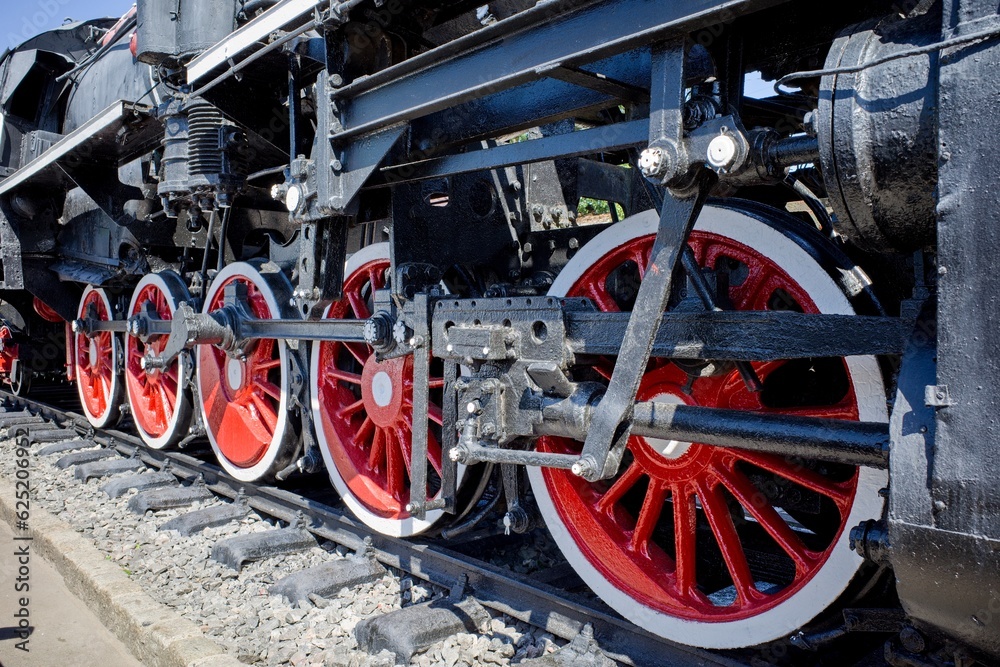 Old German steam locomotive, The heaviest locomotive, Detail and close-up of huge wheels.