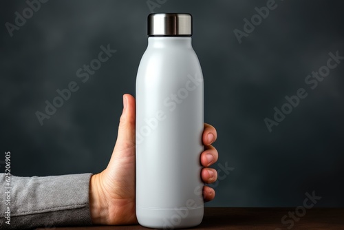 The hand is holding a tumbler thermos bottle for a mockup. eco friendly stainless steel thermo bottles. photo