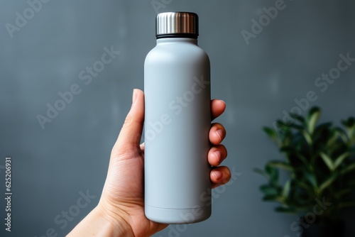 The hand is holding a tumbler thermos bottle for a mockup. steel thermos water bottle. plant decoration as the background. photo