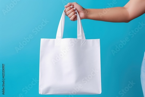 The hand is holding a canvas tote bag for a mockup. shopping bag canvas. blue background.