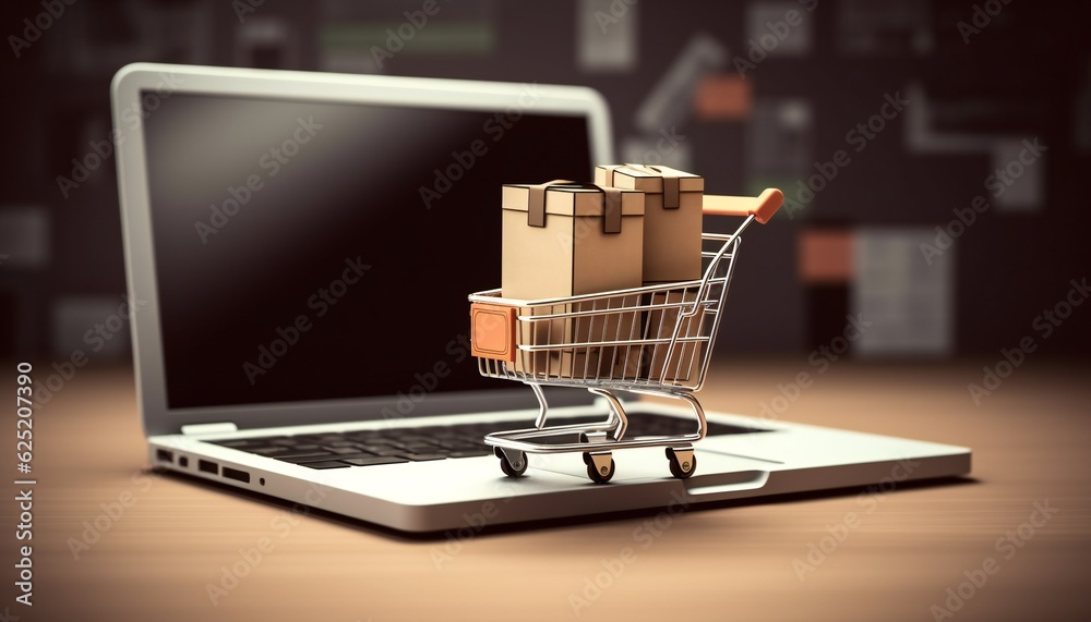Product package box in a shopping cart on the laptop