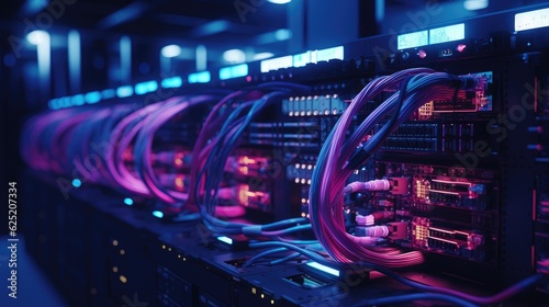 Fiber Optical cables connected to an optic ports and Network cables connected to ethernet ports, Generative AI