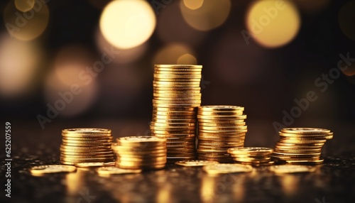 Stack of gold coins on black bokeh background