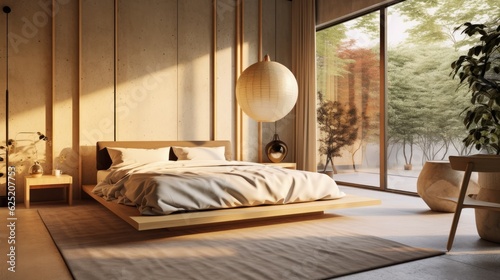 A modern bedroom made of wood in pastel beige tones. Interior design concept Japandi. photo