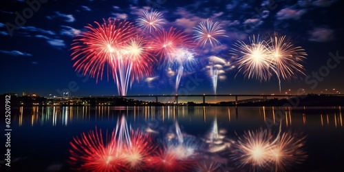 Blue, white, and red fireworks over the river at night. © kilimanjaro 