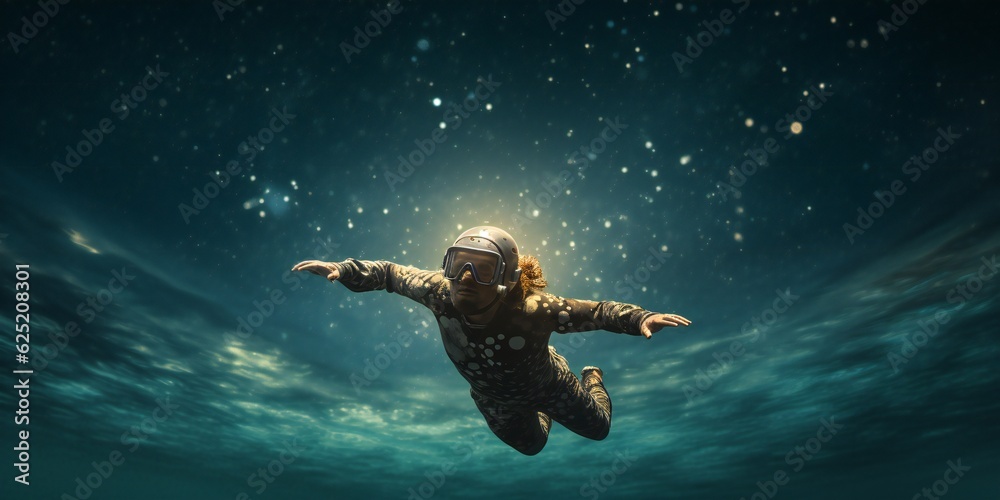 Diver in a swimming suit in cosmos in front of the Earth