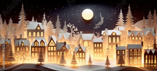 Winter village with Christmas lights. Concept of festive holiday scene.