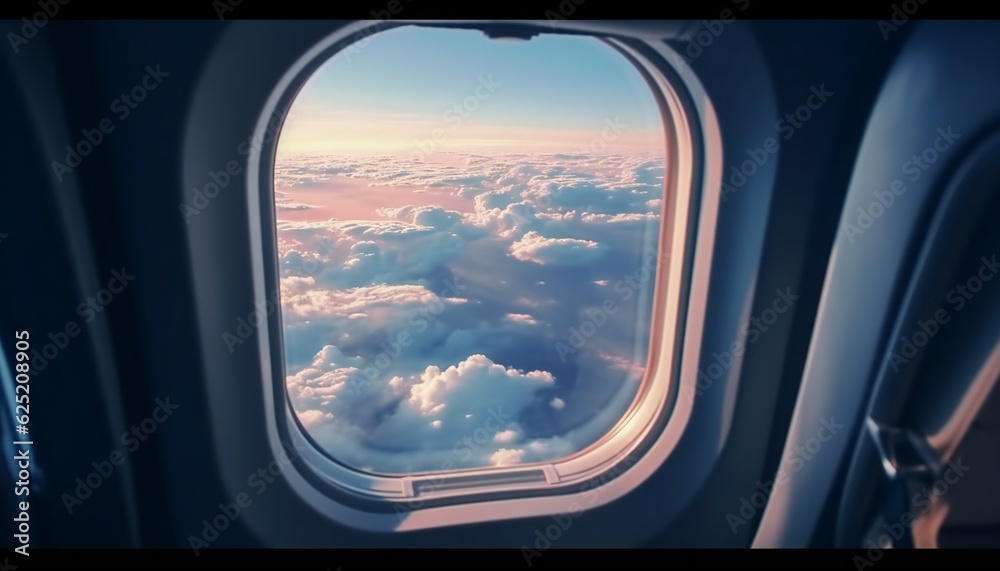 Sunrise over the clouds, view from airplane window