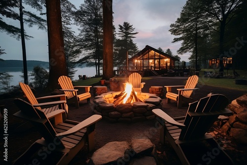 Fotografia Lakeside Serenity: Adirondack Chairs and Fire Pit with Modern Cabins by the Lake