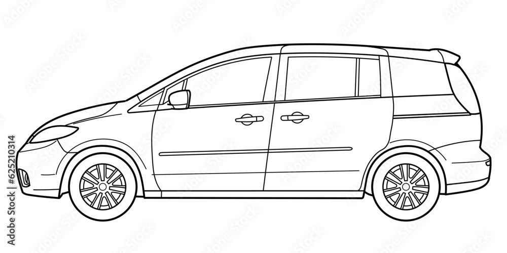 Fototapeta premium Classic minivan bus car. Side and rear view shot. Outline doodle vector illustration 