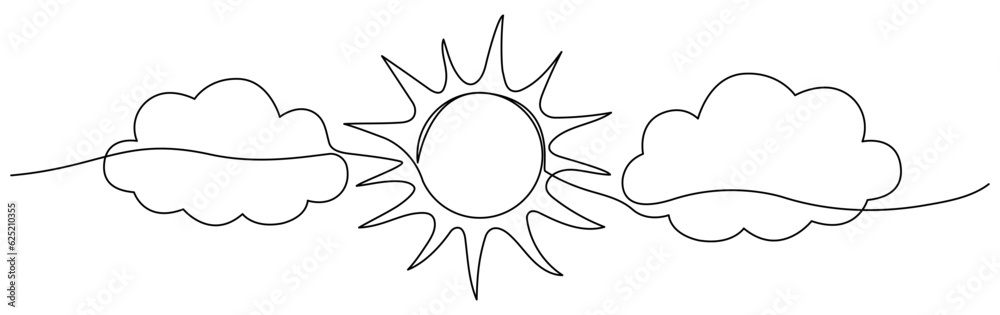 Sun with cloud continuous one line drawn. Sky linear symbol. Vector illustration isolated on white. Sun with cloud continuous one line drawn. Sky linear symbol. Vector illustration isolated on white.
