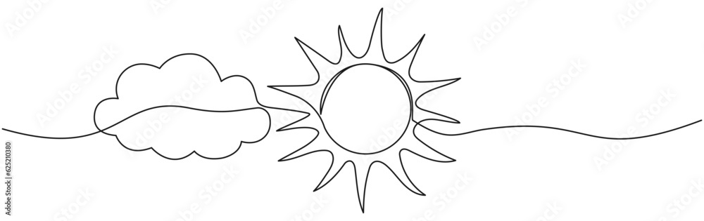 Sun with cloud continuous one line drawn. Sky linear symbol. Vector illustration isolated on white. Sun with cloud continuous one line drawn. Sky linear symbol. Vector illustration isolated on white.