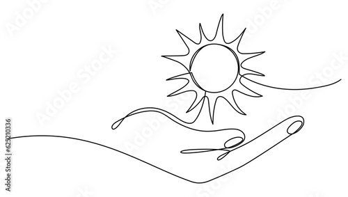 Hand hold sun continuous one line drawn. Vector illustration isolated on white.