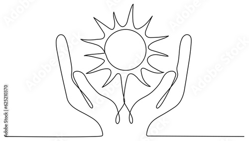 Hands hold sun continuous one line drawn. Vector illustration isolated on white.