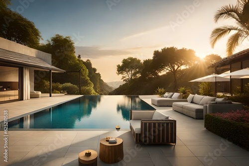 pool at sunset generated with AI technology  © Travel Stories