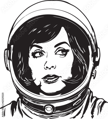 Vintage woman in a space suit 60s style young woman. Retro comics woman head black and white ink drawing, American cartoon advertising illustration, vector, SVG	