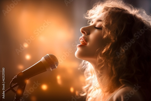 A blond curly hair woman singing into microphone on stage in romantic dreamy light amber atmospheres with glitter, in the style of classic hollywood glamour photo