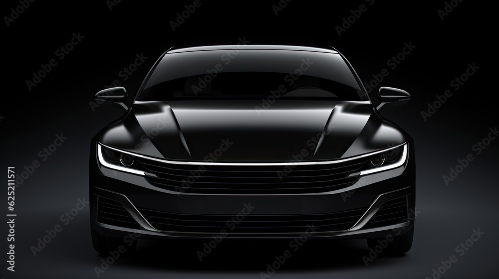 Front view of a generic and brandless modern car on a black background ...