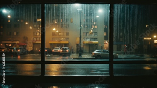 View of a Glass Window from Inside with Rainy City Outside generative AI.