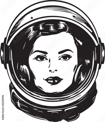 Vintage woman in a space suit 60s style young woman. Retro comics woman head black and white ink drawing, American cartoon advertising illustration, vector, SVG	