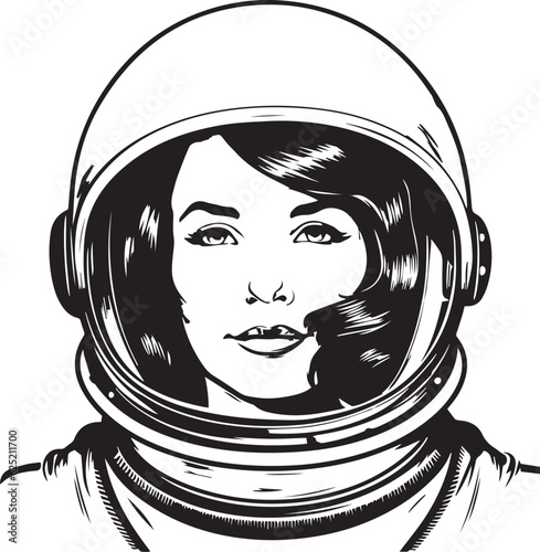 Vintage woman in a space suit 60s style young woman. Retro comics woman head black and white ink drawing, American cartoon advertising illustration, vector, SVG	