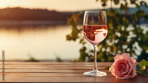 A wine glass filled with rose wine next to a rose flower on wooden table overlooking a lake in summer