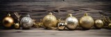christmas ornate decorative festive elemant backdrop design xmas greeting with golden shiny bauble ball set in wooden floow with copyspace,ai generate