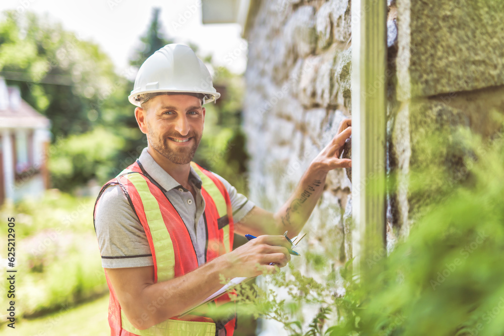 Man with a white hard hat holding a clipboard, inspect house Man with a white hard hat holding a clipboard, inspect house