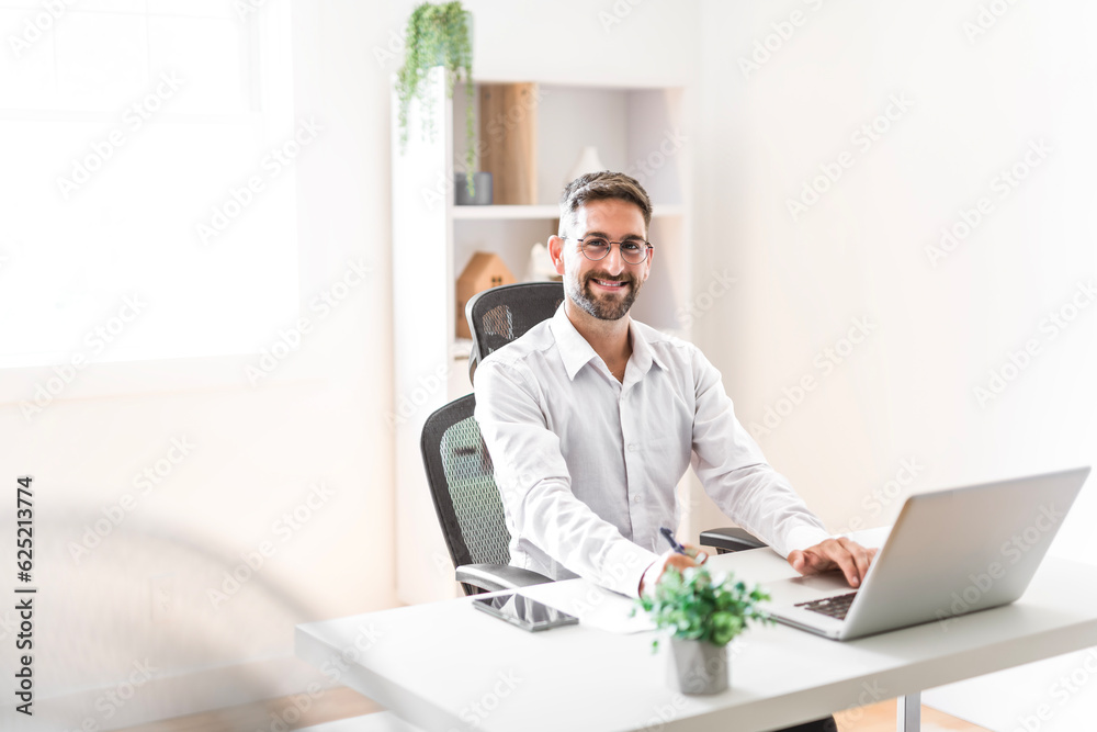 Mature business man using laptop computer in office.