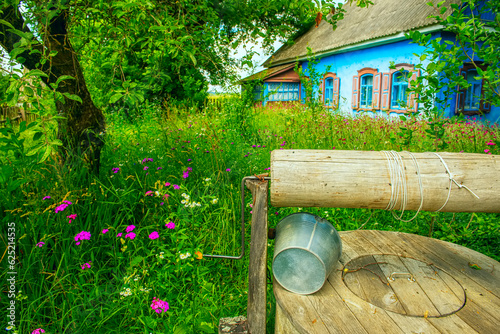 Rural house with a flowering front garden and a well. Ukraine. Zhytomyr Oblast photo