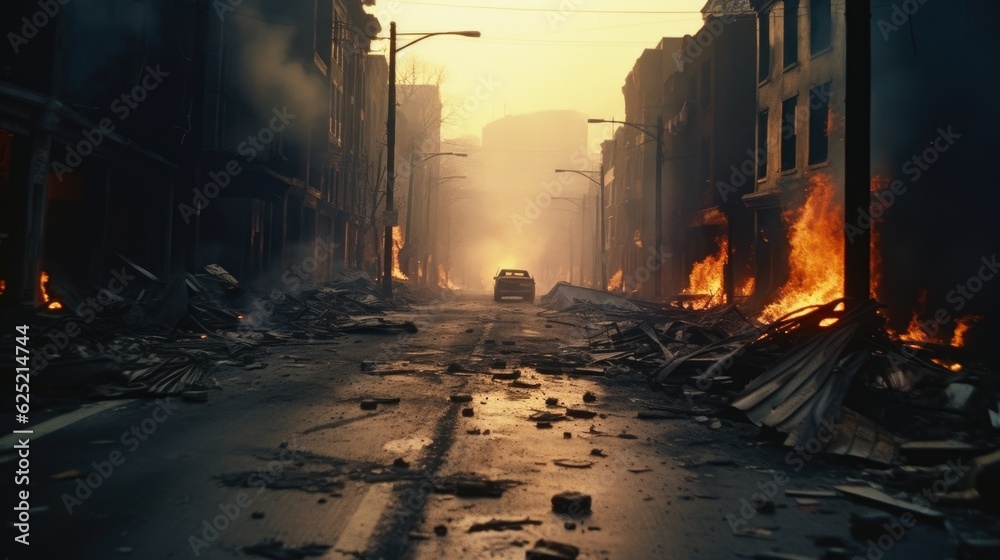 Burned City Street with No Life in Apocalyptic Scene generative AI. Burned City Street with No Life in Apocalyptic Scene generative AI.