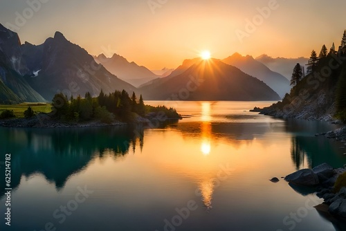 sunset over the lake generated by AI technology