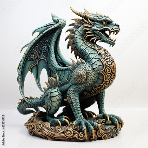 Big 3d wooden green dragon on a white background. Symbol of the new year 2024 according to the Eastern calendar. Generative AI 