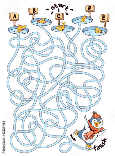 Children logic game to pass the maze. Penguin skates on ice. Educational game for kids. Attention task. Choose right path. Funny cartoon character. Isolated on white background. Worksheet page