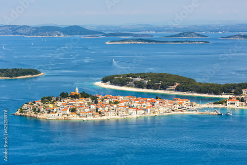 Primosten town on a peninsula vacation in the Mediterranean Sea in Primošten, Croatia