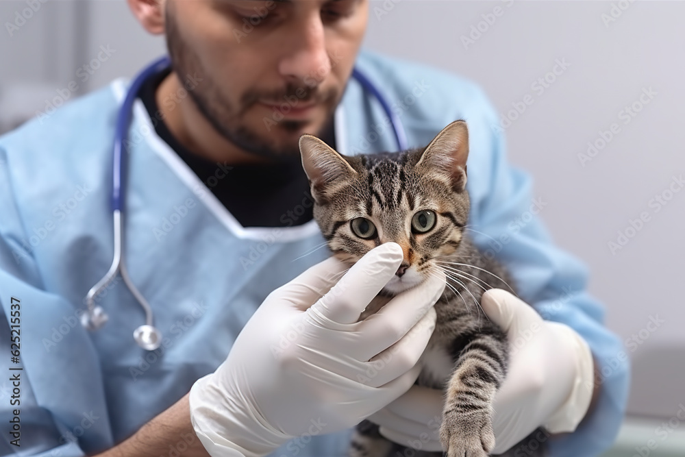 Veterinarian, an animal doctor checking a tabby cat at a vet clinic, AI generative image.