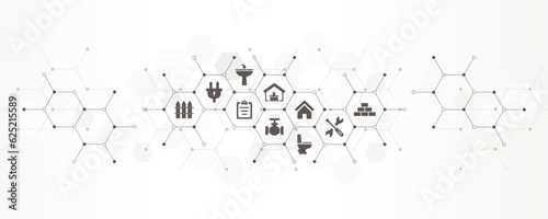 renovation construction and repair banner with the website icons and symbol of building, plumbing, work, home upgrading, interior design, vector illustration with technology background