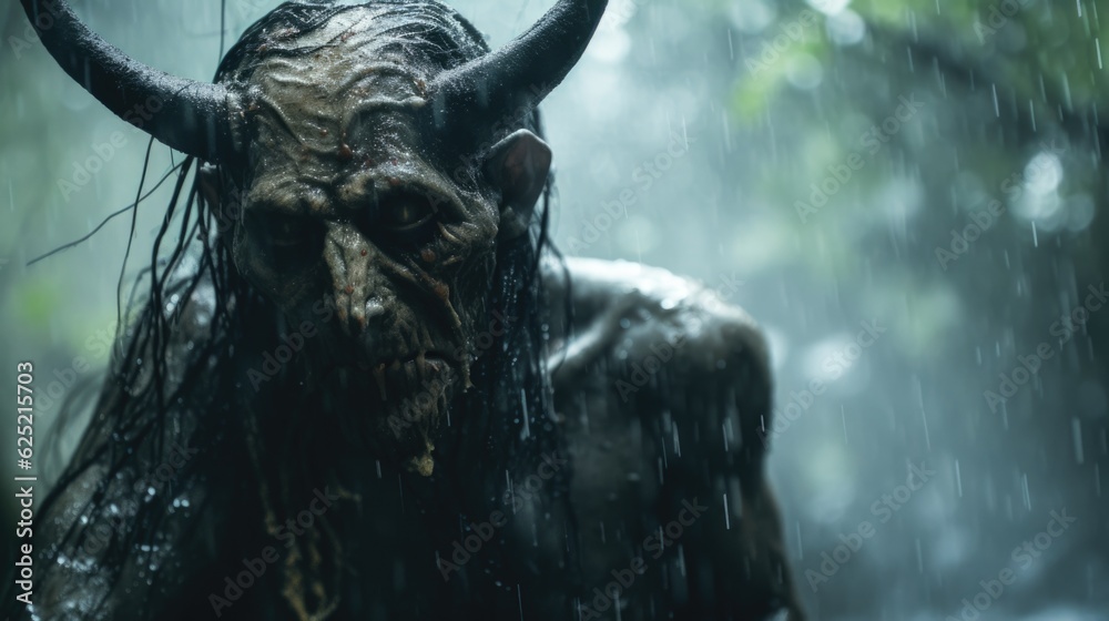 Scary Creepy Demon in Rainy Jungle generative AI. Scary Creepy Demon in Rainy Jungle generative AI.