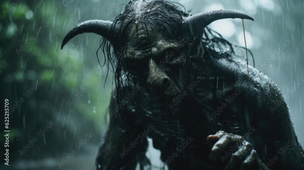 Scary Creepy Demon in Rainy Jungle generative AI. Scary Creepy Demon in Rainy Jungle generative AI.