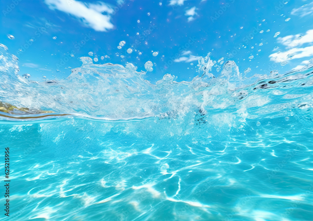 Splash of beautiful clear water in the ocean with landscape on background