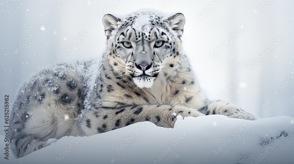 Photograph, Snow leopard, sitting, white snowy backdrop