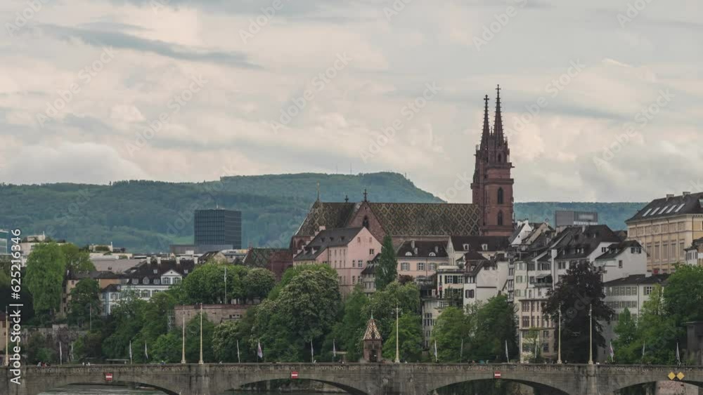Basel Switzerland time lapse 4K, city skyline timelapse at Rhine River and Basel Minster Basel Switzerland time lapse 4K, city skyline timelapse at Rhine River and Basel Minster
