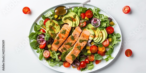AI Generated. AI Generative. Salmon fresh vegetables salad. Dinner food meal cuisine photo illustration. Graphic Art